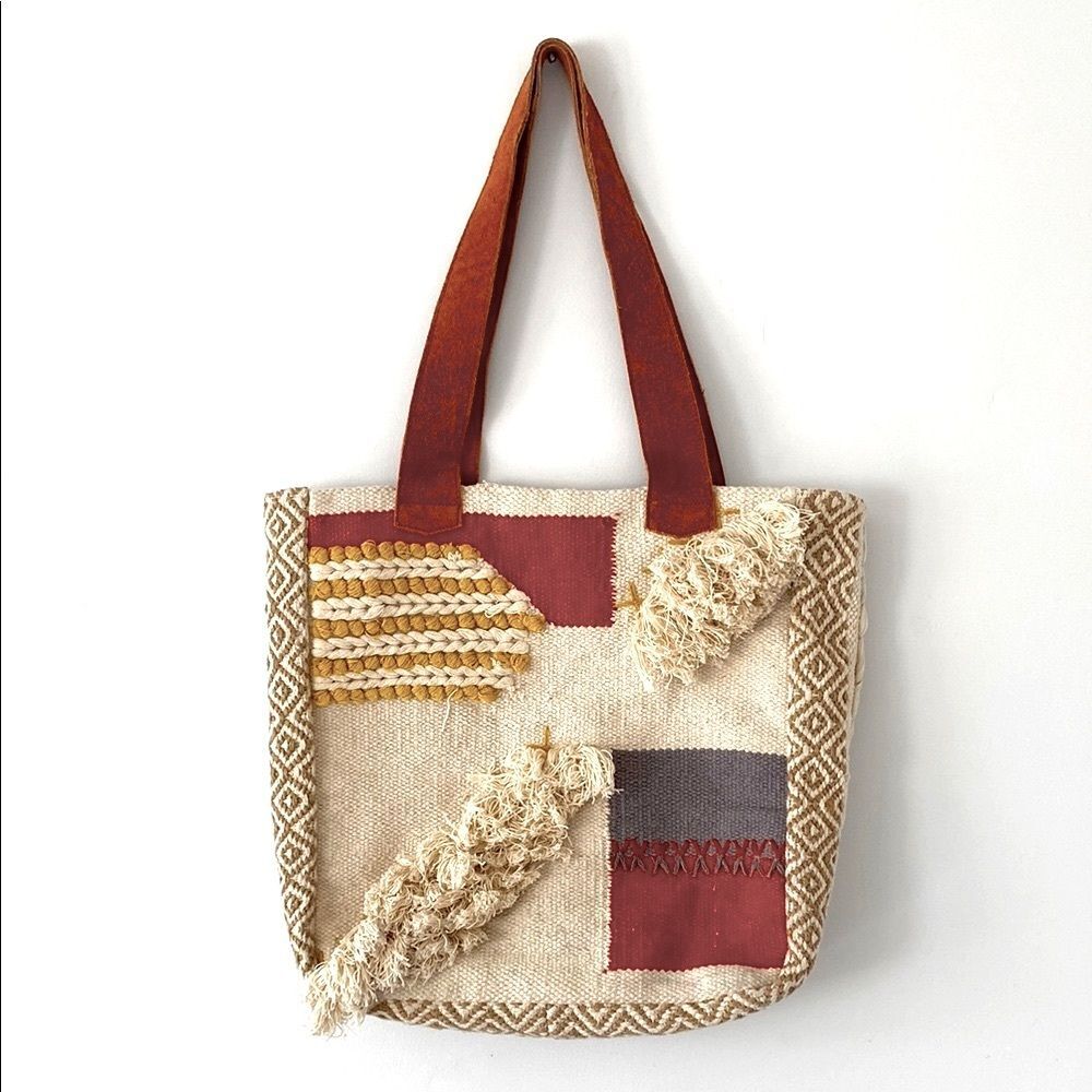 Roolee Red Yellow Neutral Patchwork Color Blocked Tote Bag Suede Leather Handles
